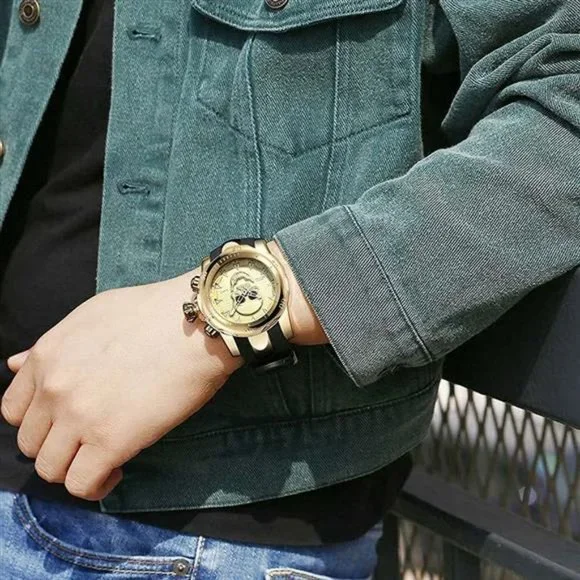 Mens Gold/Black 3D Luxury Skull Waterproof Quartz Watch